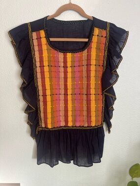Handmade Mexican Blouse Huipil Style Woven Panel Ruffle Sleeve Boho Top M/L